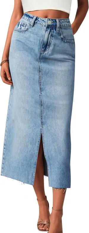 AiMgFUN Jean Skirt for Women Denim Skirt with Pockets Mid Waist Long Split Skirts
