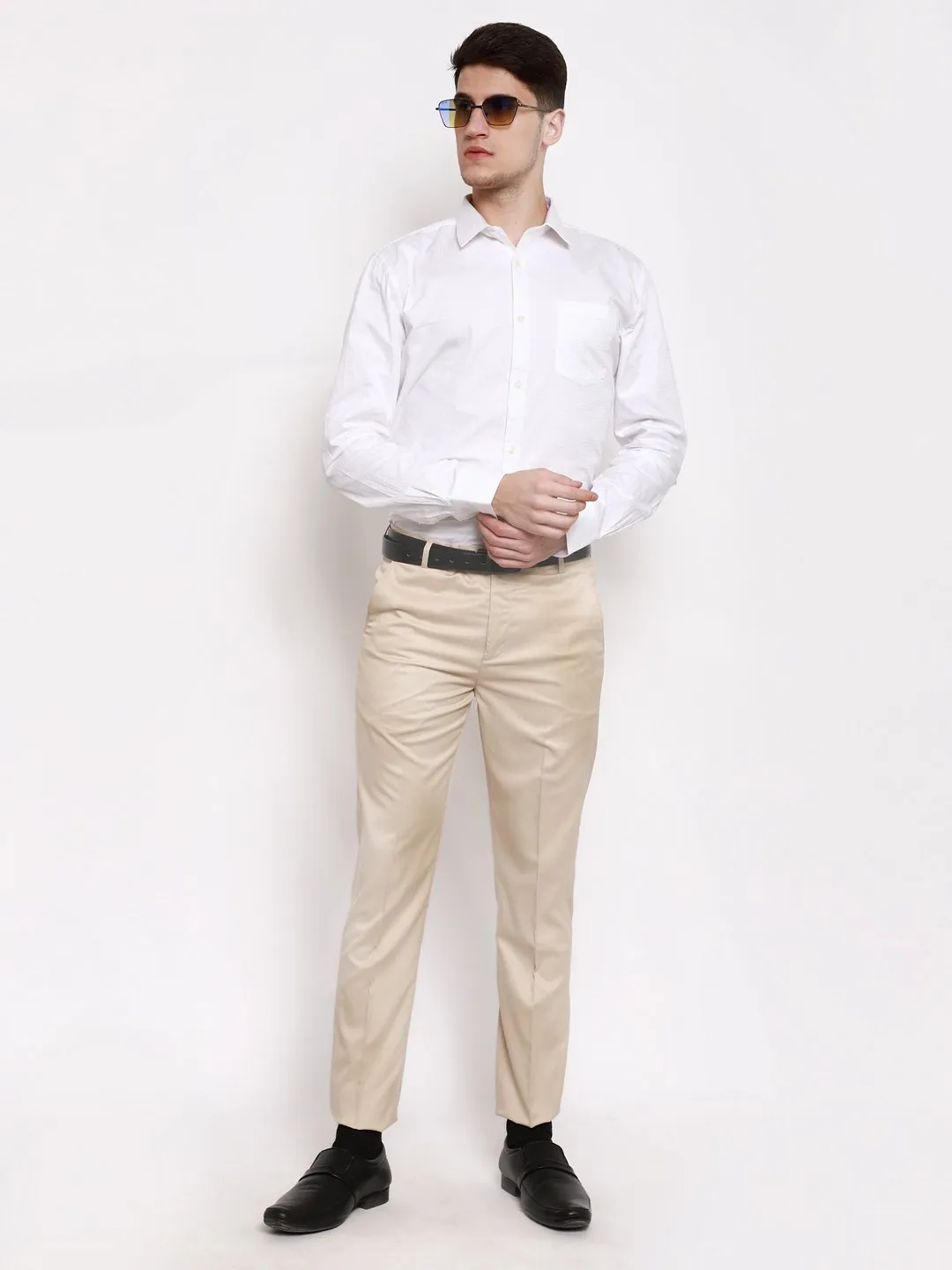 AmericanElm Men's Beige Solid Slim Fit stretchable Formal Trouser