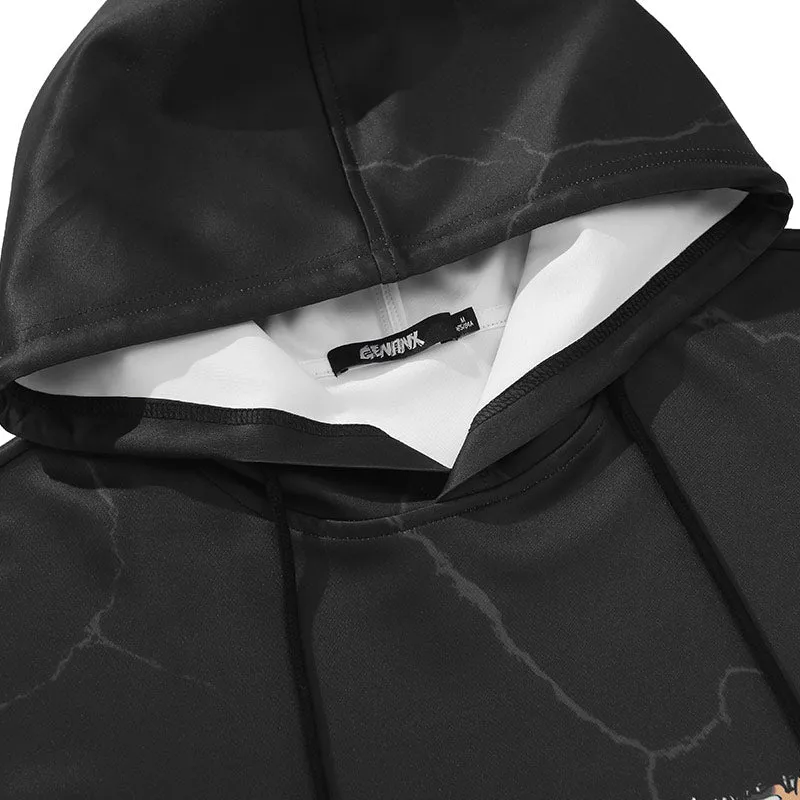 Black Print Drop-Shoulder Sleeve Hoodies