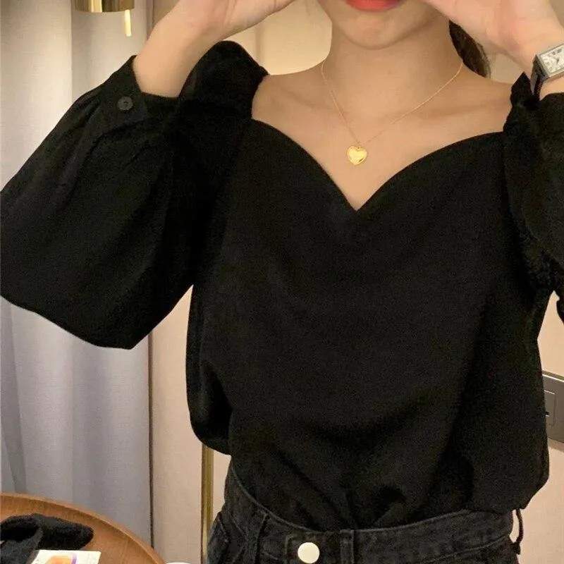 Black Square Collar Shirt Women Spring Autumn Long Sleeve Woman
