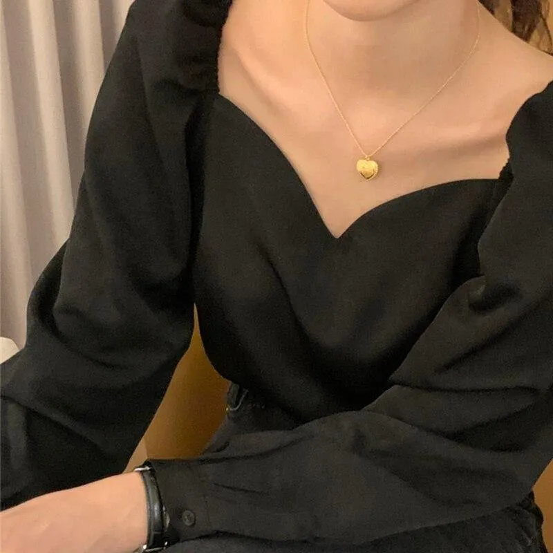 Black Square Collar Shirt Women Spring Autumn Long Sleeve Woman