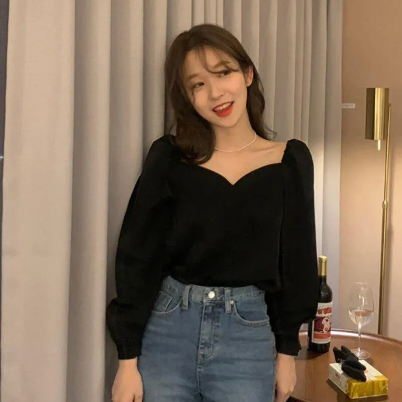 Black Square Collar Shirt Women Spring Autumn Long Sleeve Woman