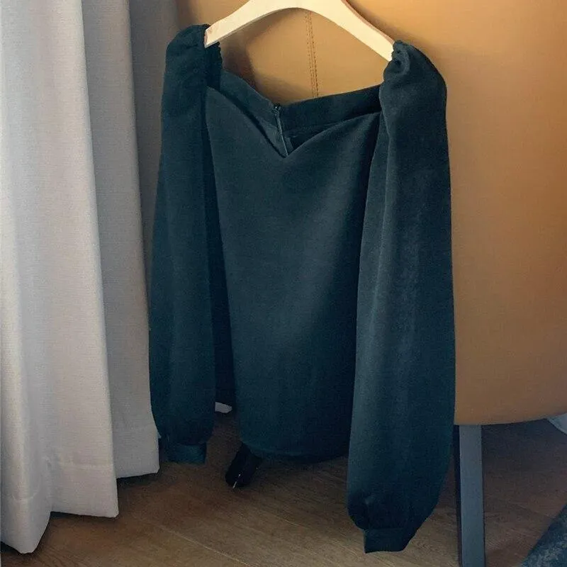 Black Square Collar Shirt Women Spring Autumn Long Sleeve Woman