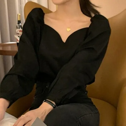 Black Square Collar Shirt Women Spring Autumn Long Sleeve Woman