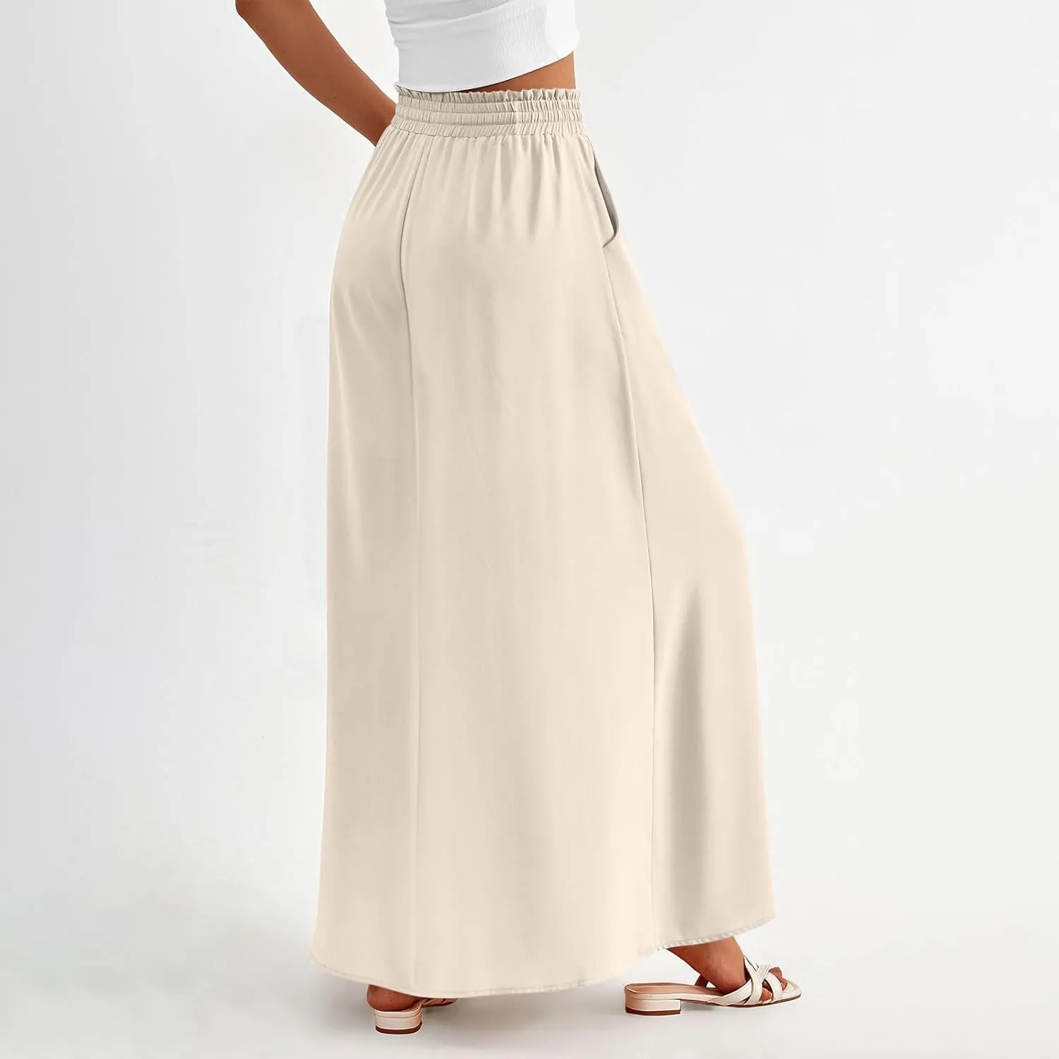 Boho Skirts for Women Casual Smocked Elastic High Waist Tie Long Maxi Skirt Summer Comfy Flowy Dress with Pockets