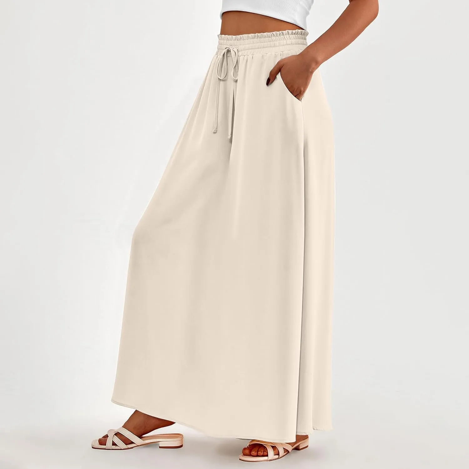 Boho Skirts for Women Casual Smocked Elastic High Waist Tie Long Maxi Skirt Summer Comfy Flowy Dress with Pockets