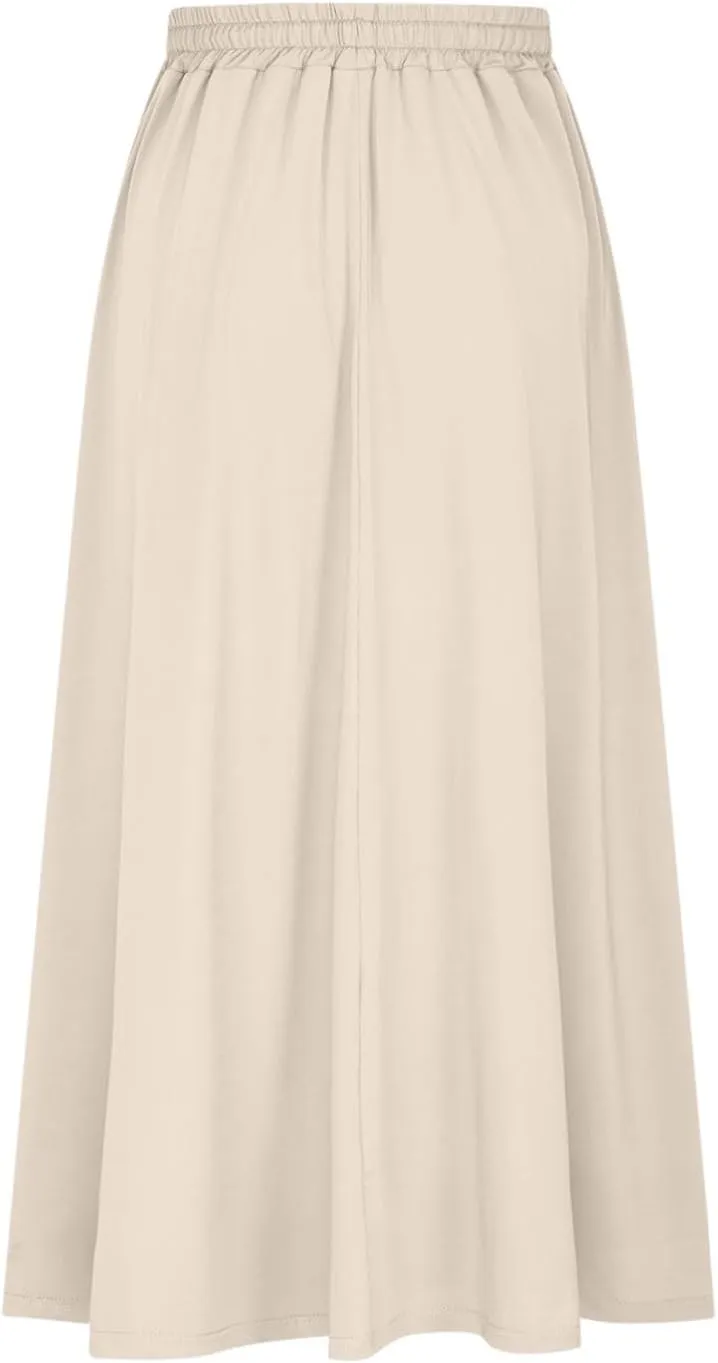 Boho Skirts for Women Casual Smocked Elastic High Waist Tie Long Maxi Skirt Summer Comfy Flowy Dress with Pockets