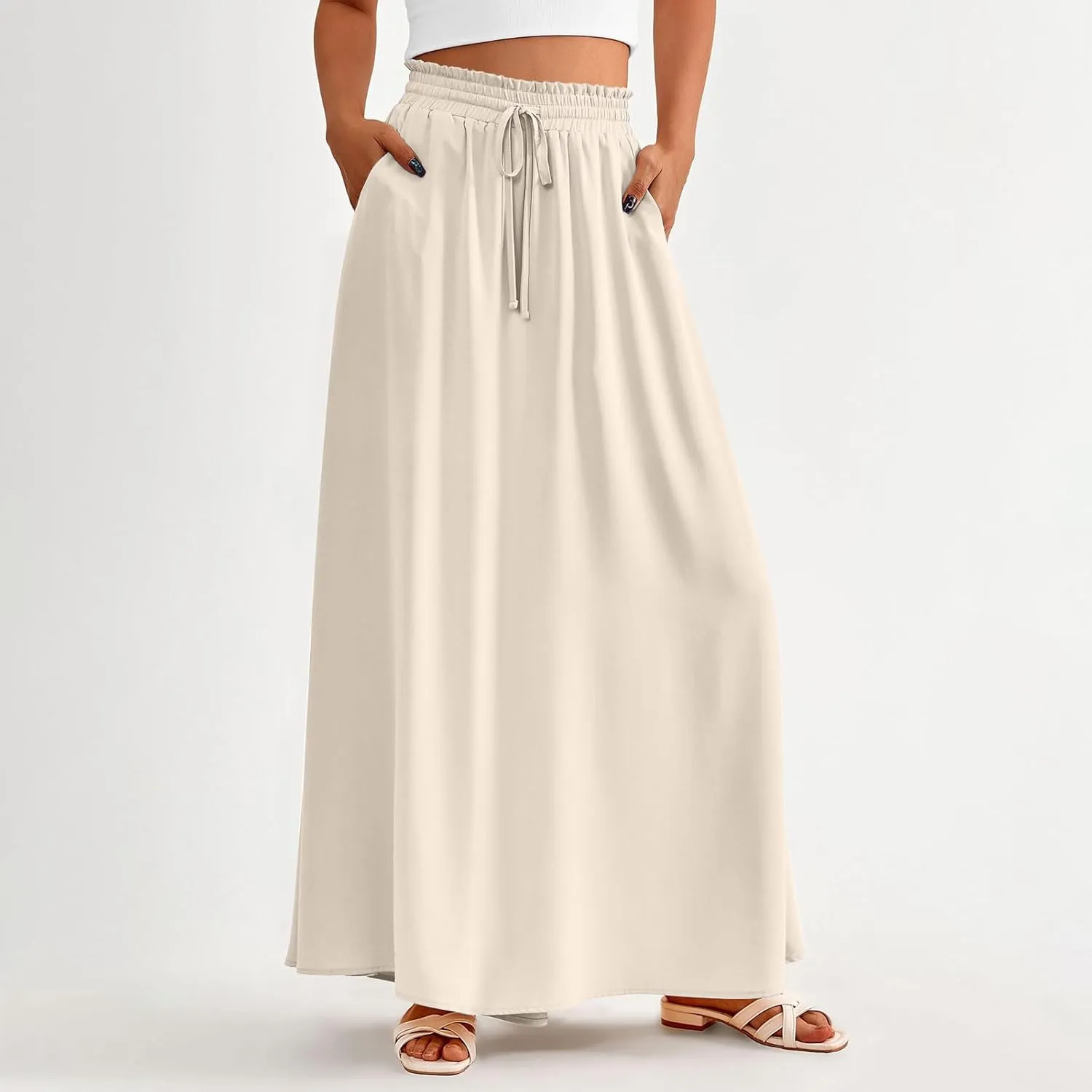 Boho Skirts for Women Casual Smocked Elastic High Waist Tie Long Maxi Skirt Summer Comfy Flowy Dress with Pockets