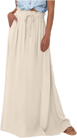 Boho Skirts for Women Casual Smocked Elastic High Waist Tie Long Maxi Skirt Summer Comfy Flowy Dress with Pockets