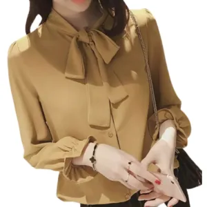 Business Casual Long Sleeve Tie Knot Yellow Cotton Blouses