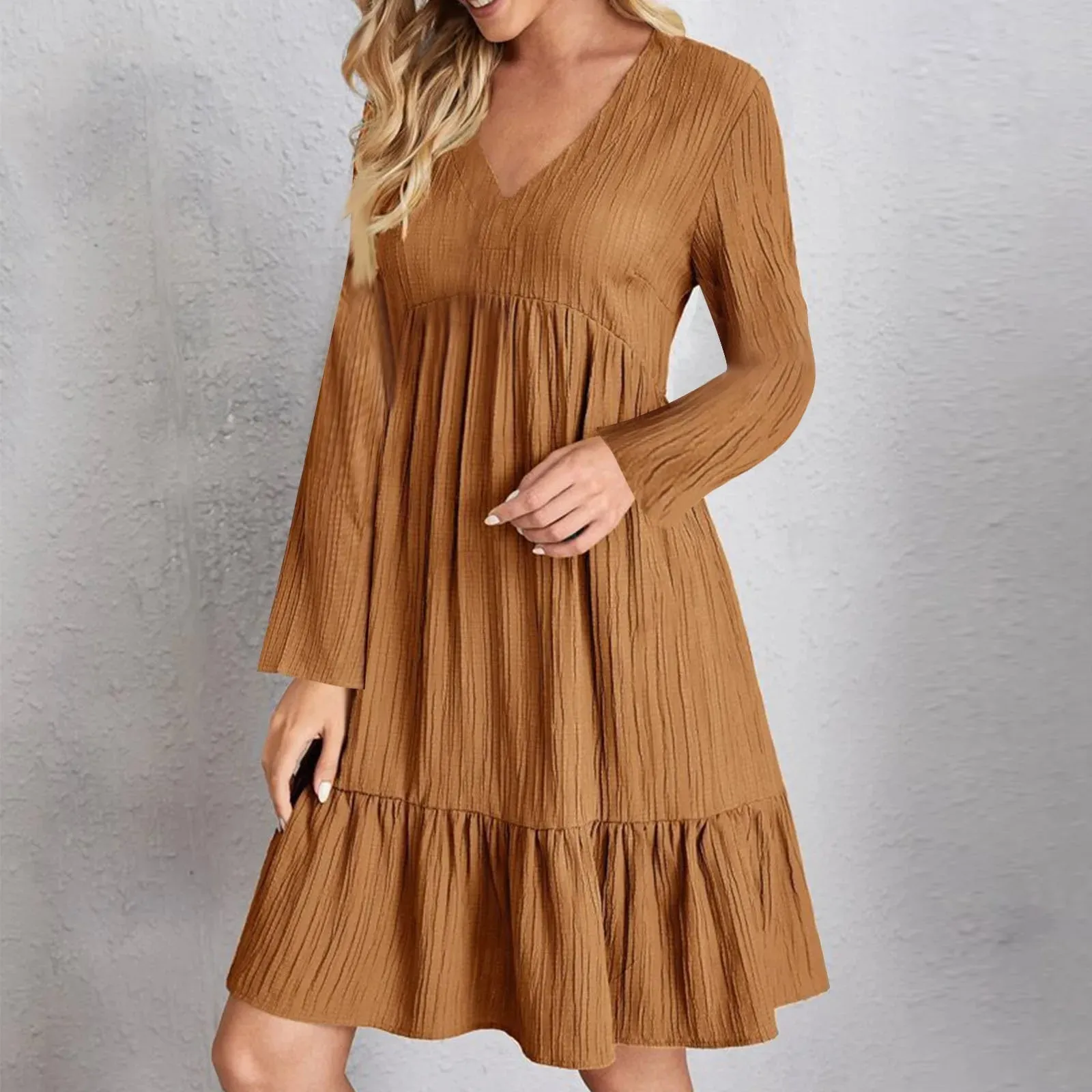 Casual Solid V Neck Ruffles Boho Loose Beach Party Elegant Casual Vintage Dress