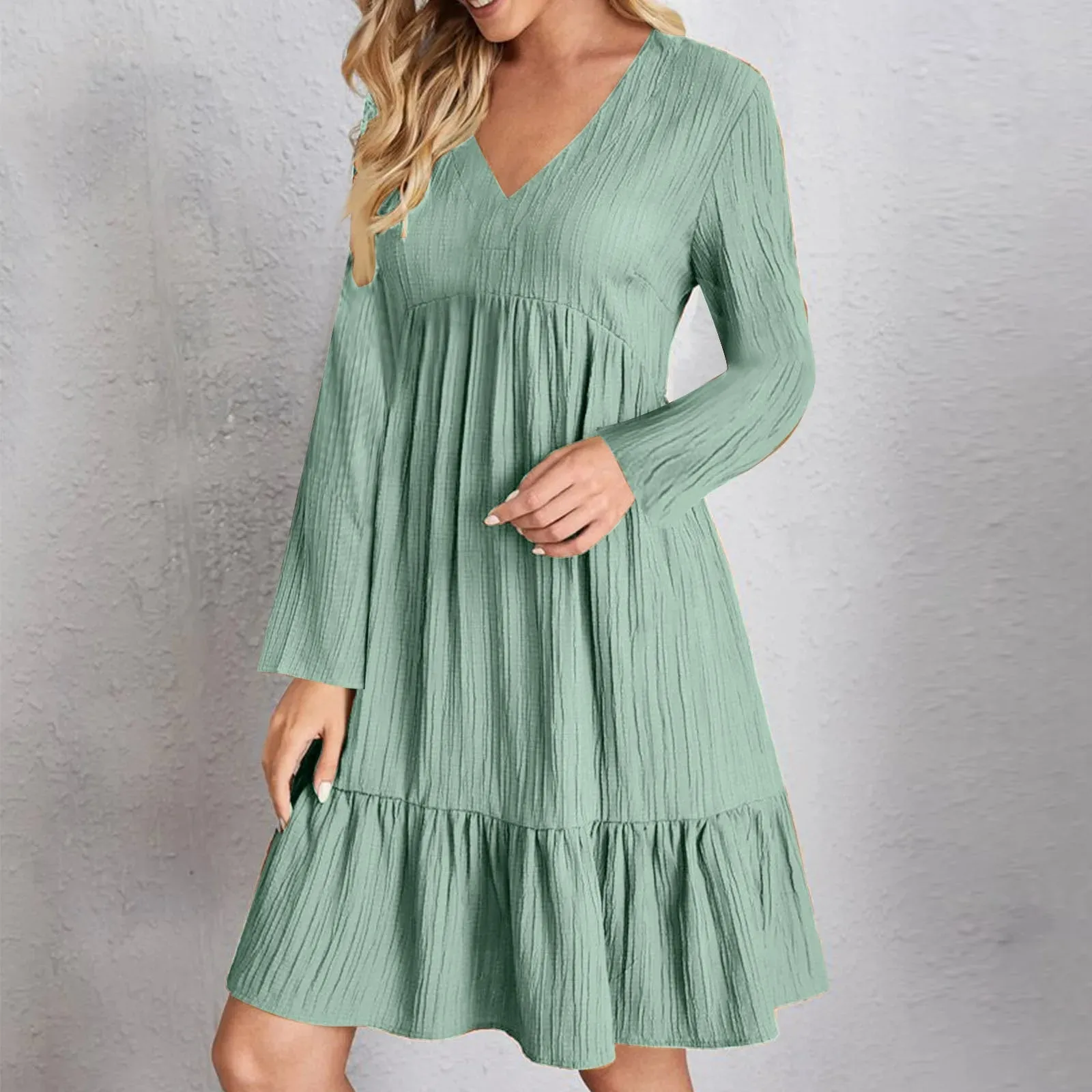 Casual Solid V Neck Ruffles Boho Loose Beach Party Elegant Casual Vintage Dress