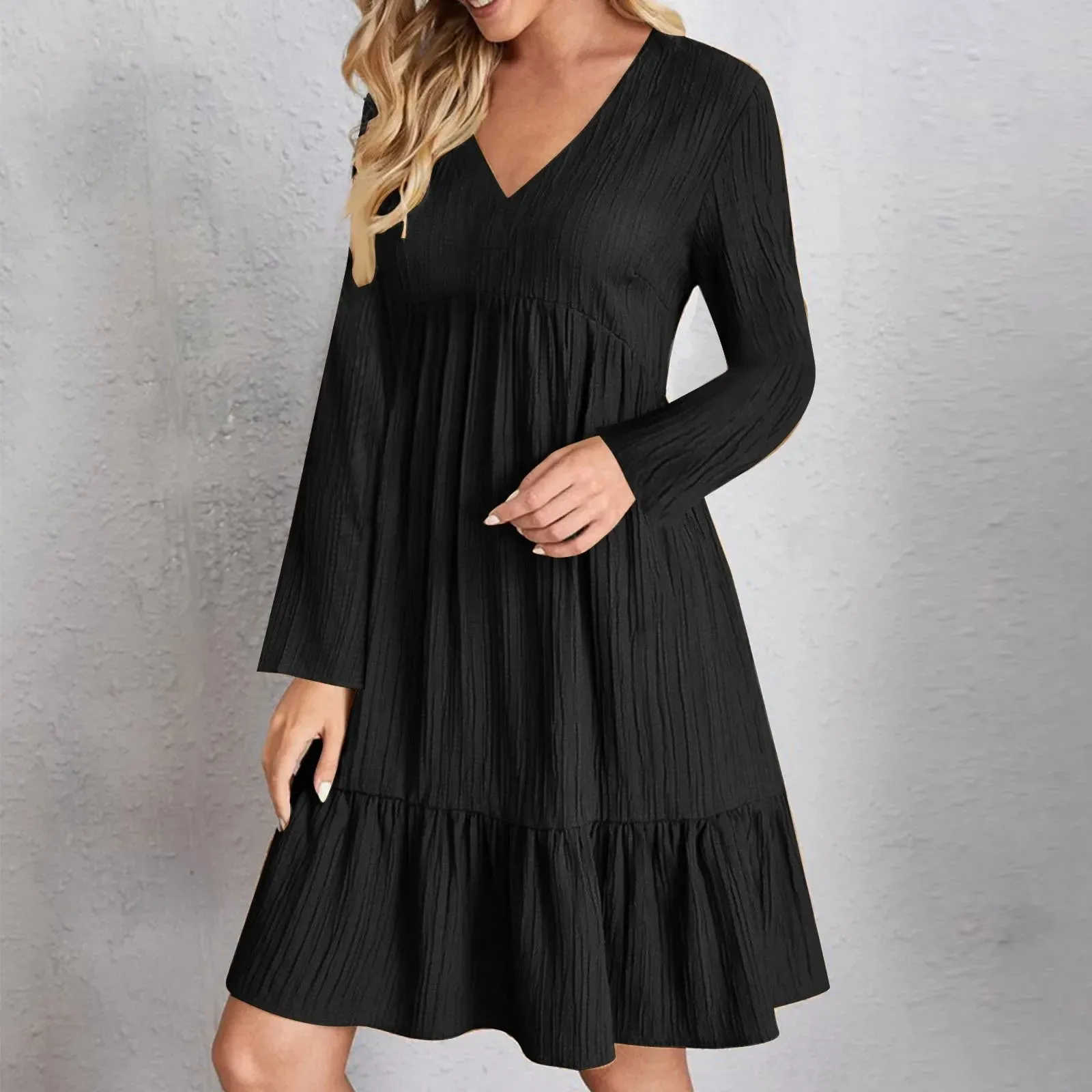 Casual Solid V Neck Ruffles Boho Loose Beach Party Elegant Casual Vintage Dress