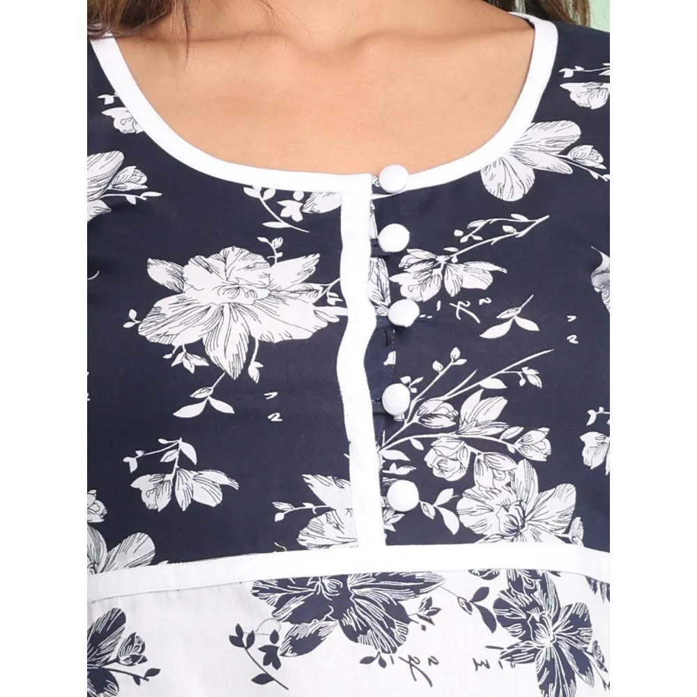 CHARUKRITI White Cotton Floral Printed Fit & Flare Kurta