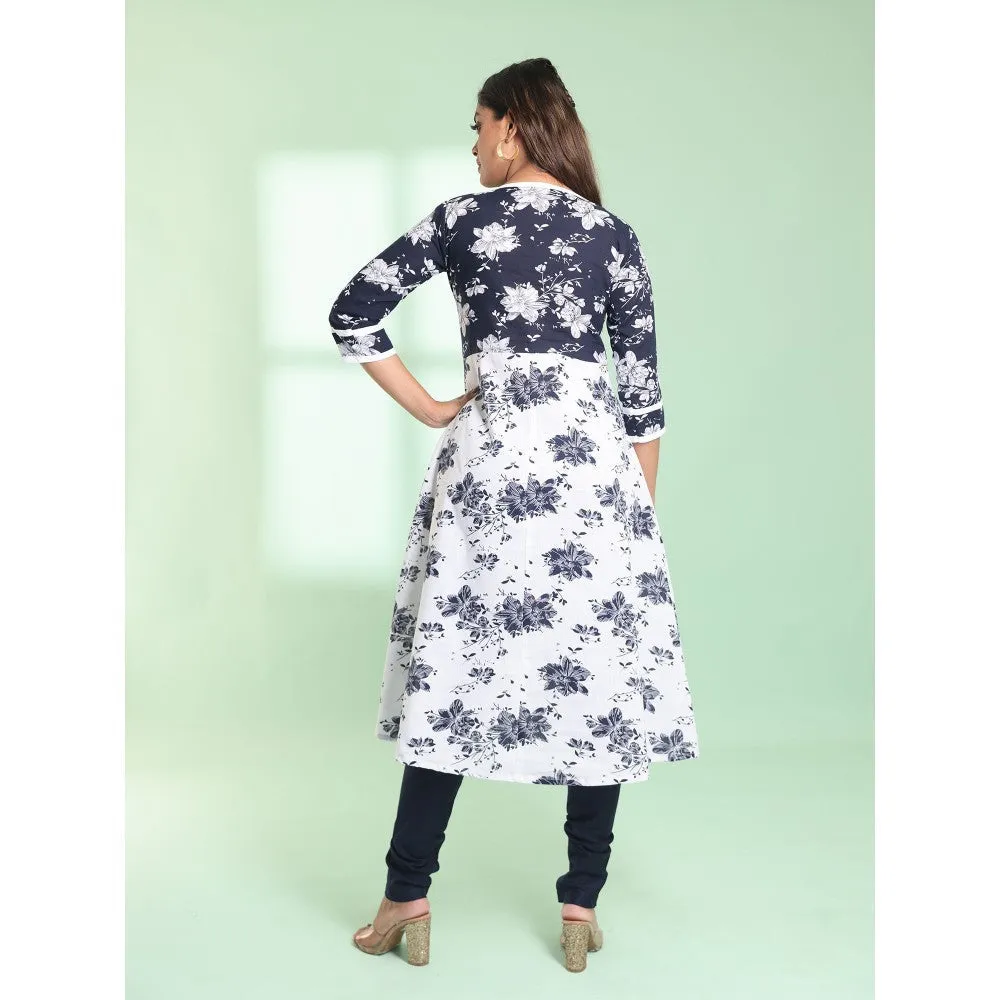 CHARUKRITI White Cotton Floral Printed Fit & Flare Kurta