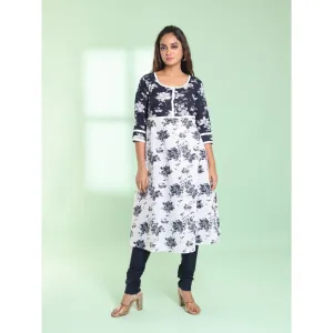 CHARUKRITI White Cotton Floral Printed Fit & Flare Kurta