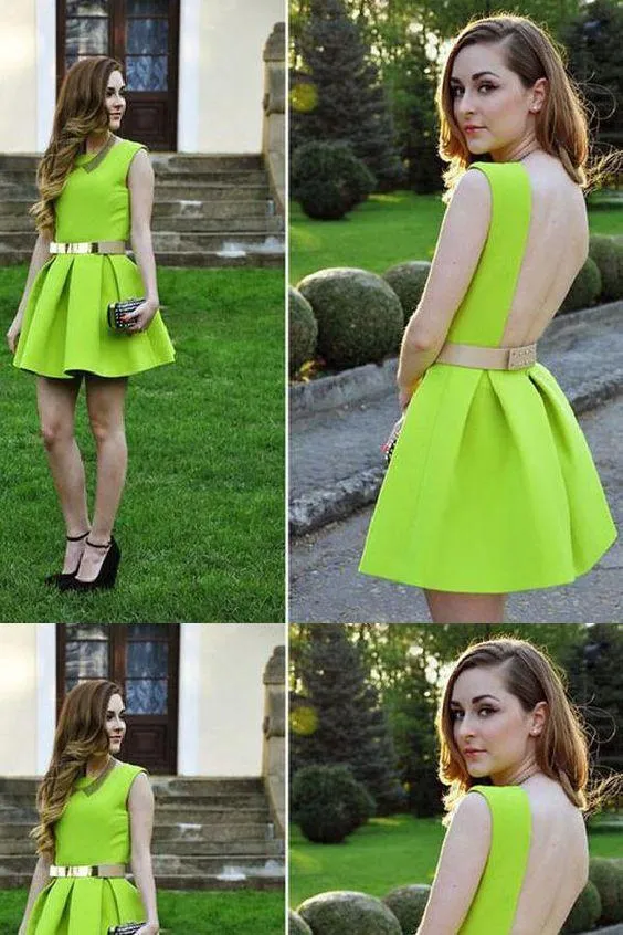 Cheap Comfortable Green Jamiya Homecoming Dresses Lemon Green Backless Jewel Backless Cheap Ruched Mini Party Dress CD1684