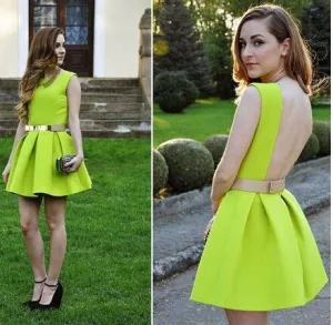 Cheap Comfortable Green Jamiya Homecoming Dresses Lemon Green Backless Jewel Backless Cheap Ruched Mini Party Dress CD1684