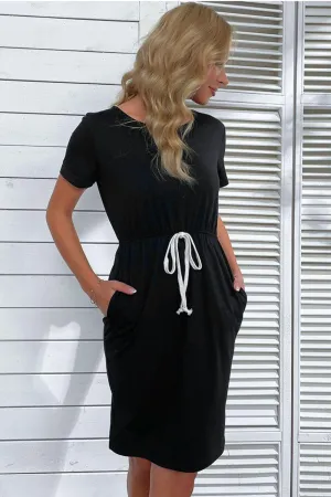 Comfortable Black Drawstring Slit Dress