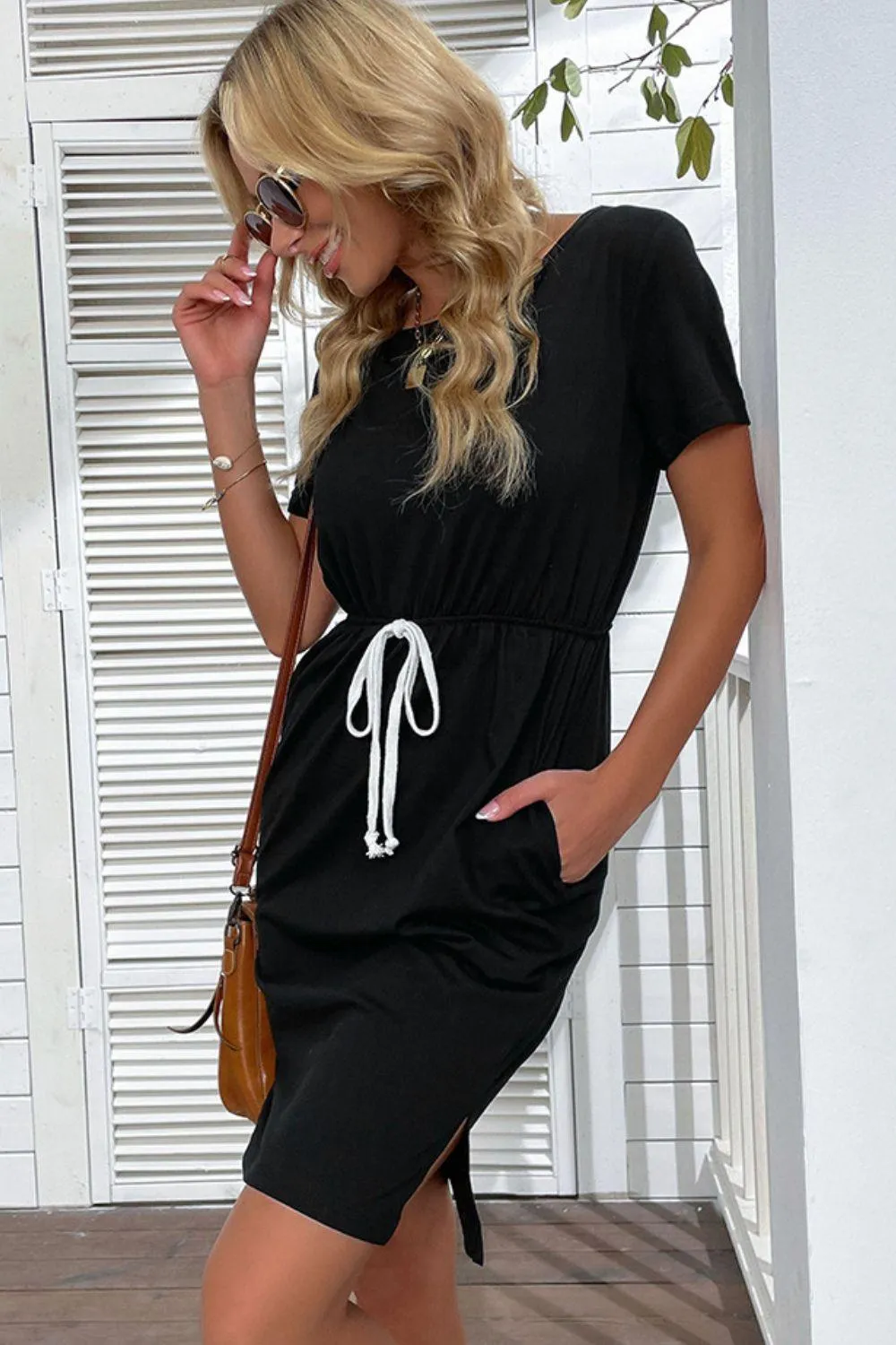 Comfortable Black Drawstring Slit Dress