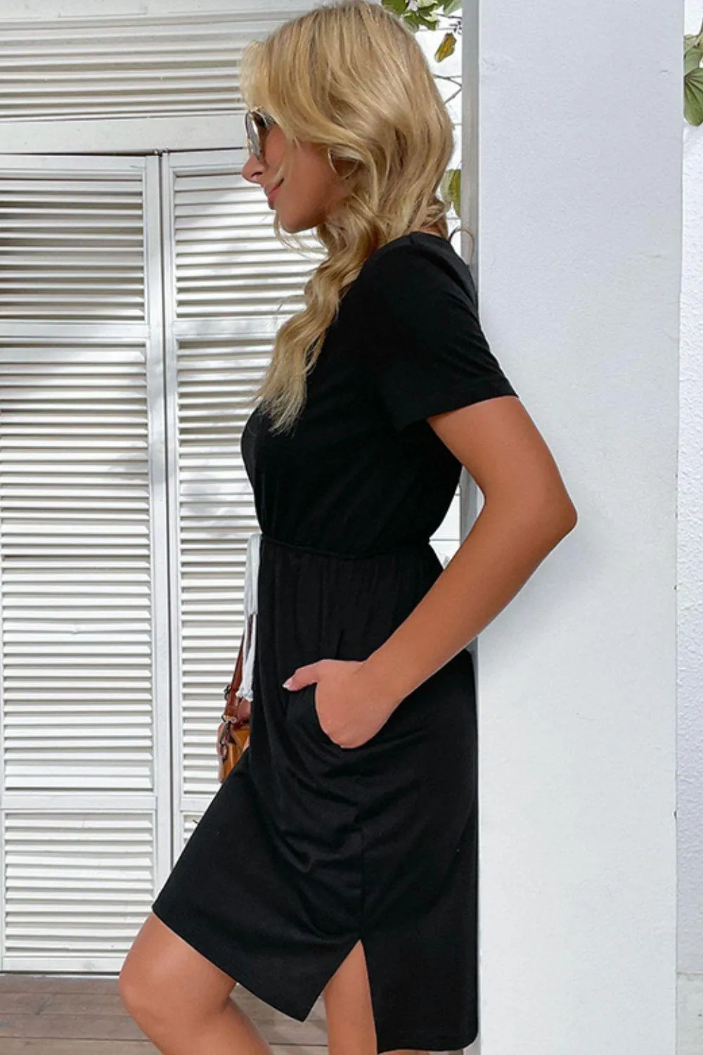 Comfortable Black Drawstring Slit Dress