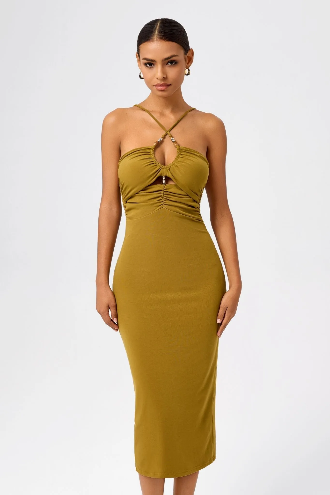 Cross-Halter Bodycon Midi Dress with Cutout