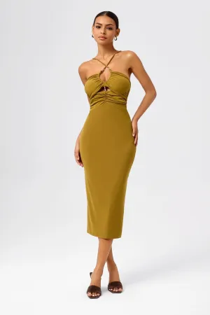 Cross-Halter Bodycon Midi Dress with Cutout