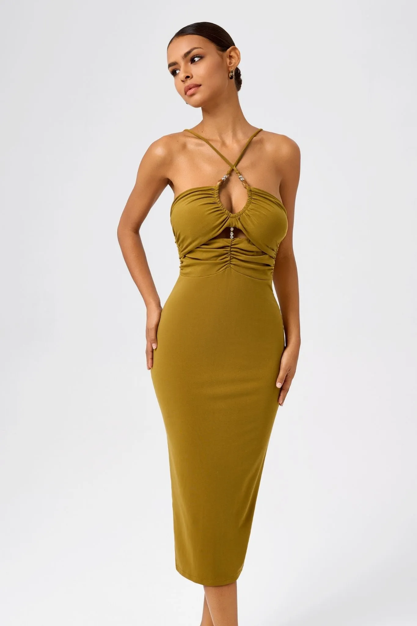 Cross-Halter Bodycon Midi Dress with Cutout