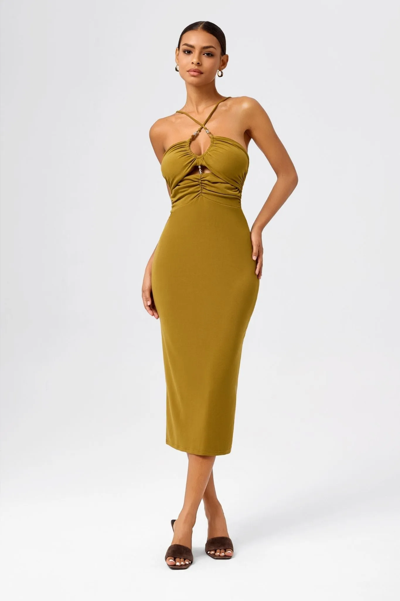Cross-Halter Bodycon Midi Dress with Cutout