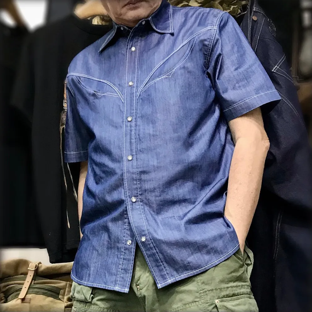 DDL 323R-DEL TORO OV REGULAR FIT 2 POCKET SHORT SLEEVE WESTERN TENCEL COTTON DENIM SHIRT-6OZ-E1 INDIGO