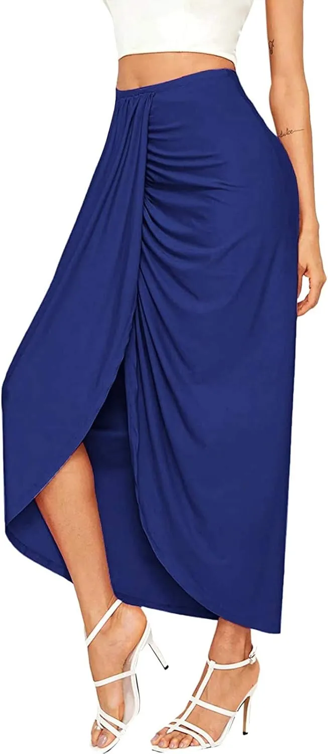 Elastic Draped Asymmetrical Casual Solid Waist Maxi High Wrap Slit Skirt Women's Skirt Tree Skirt Box