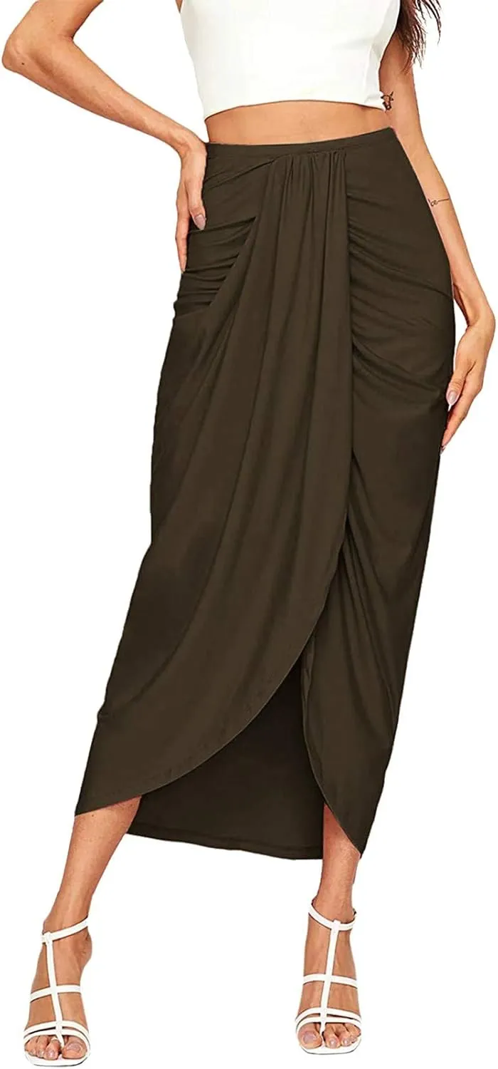 Elastic Draped Asymmetrical Casual Solid Waist Maxi High Wrap Slit Skirt Women's Skirt Tree Skirt Box