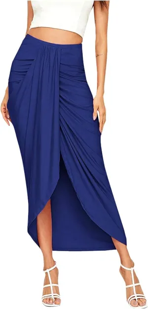 Elastic Draped Asymmetrical Casual Solid Waist Maxi High Wrap Slit Skirt Women's Skirt Tree Skirt Box