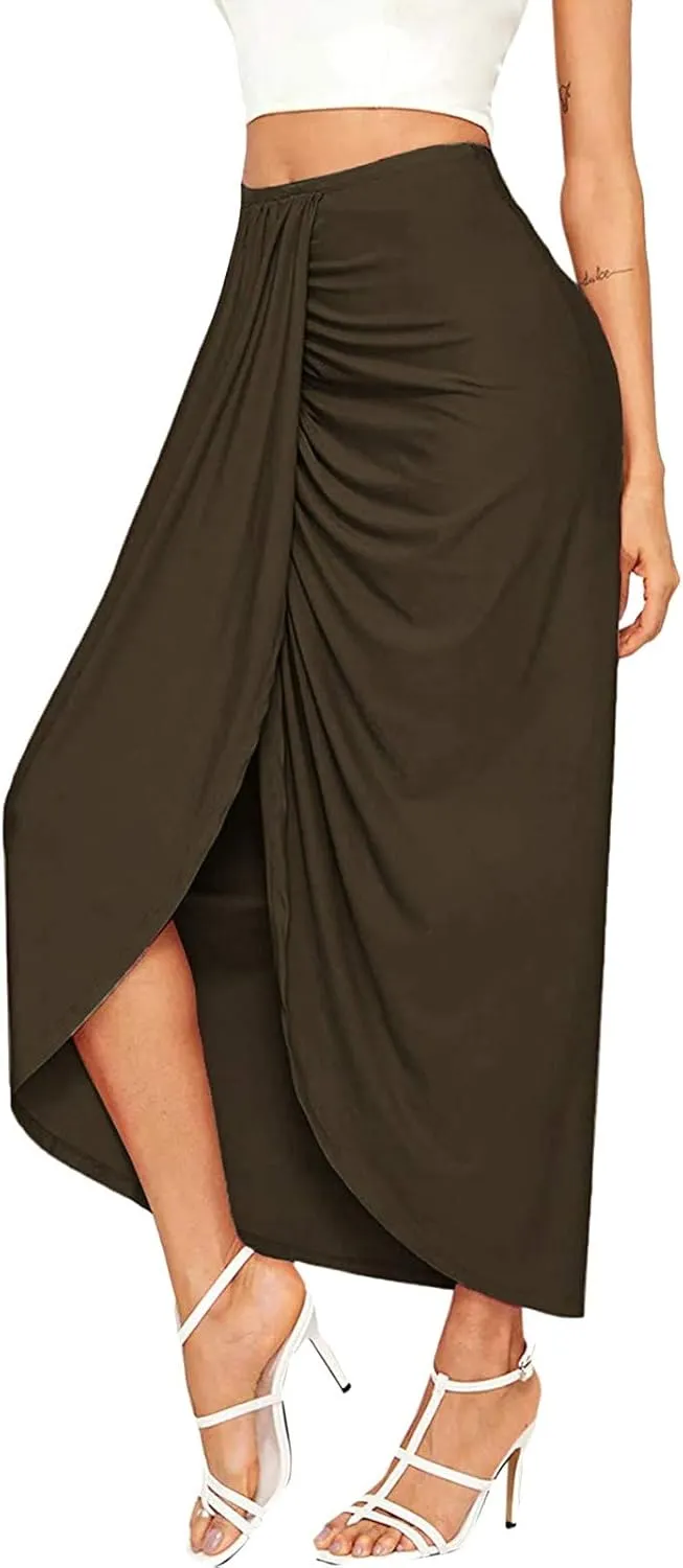 Elastic Draped Asymmetrical Casual Solid Waist Maxi High Wrap Slit Skirt Women's Skirt Tree Skirt Box
