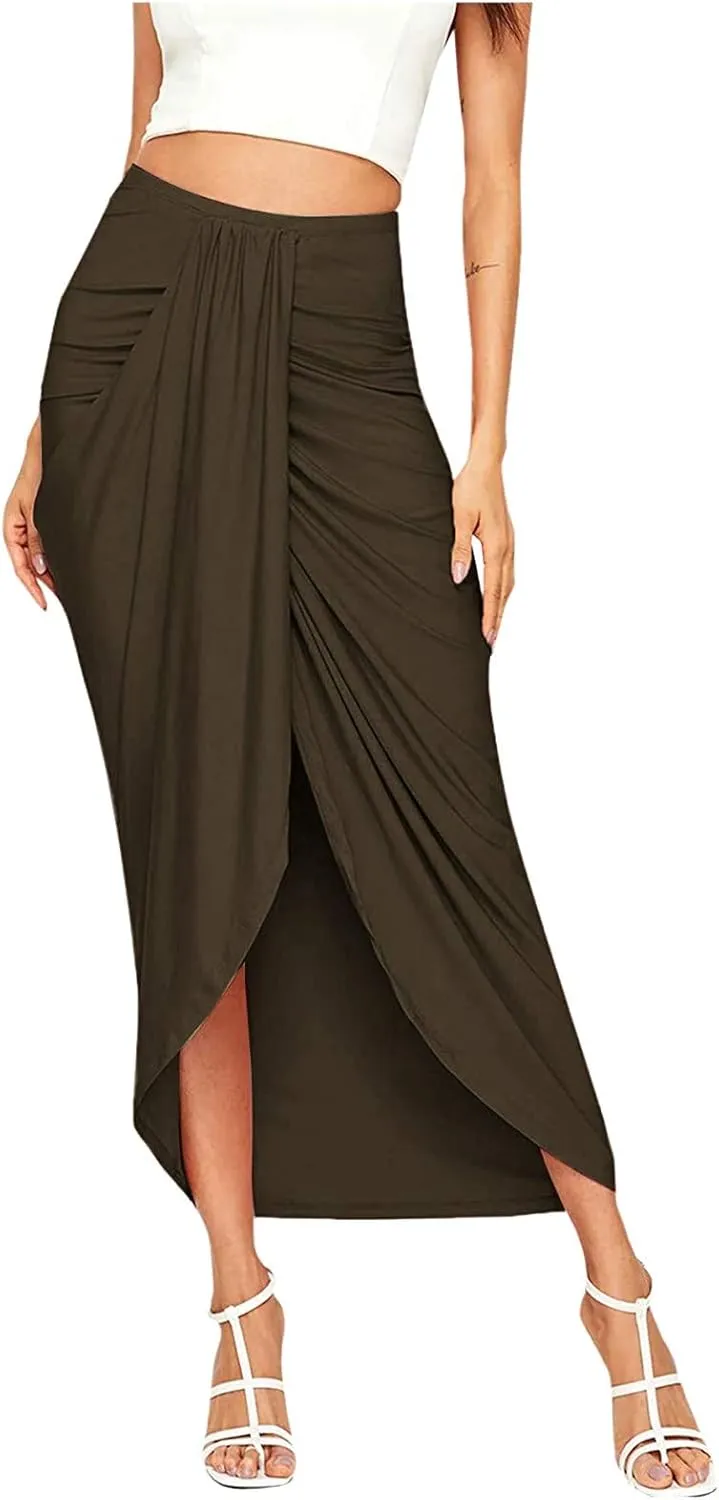 Elastic Draped Asymmetrical Casual Solid Waist Maxi High Wrap Slit Skirt Women's Skirt Tree Skirt Box