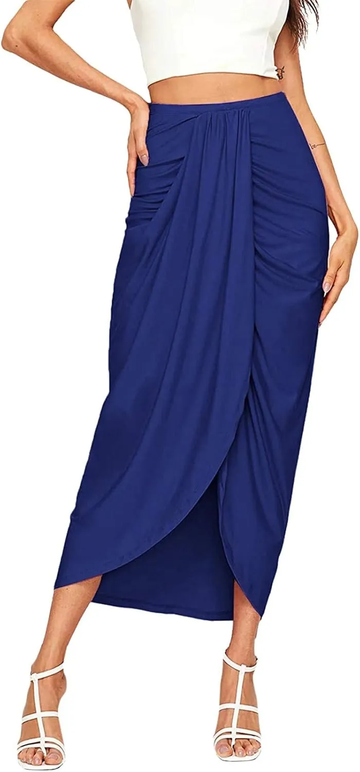 Elastic Draped Asymmetrical Casual Solid Waist Maxi High Wrap Slit Skirt Women's Skirt Tree Skirt Box