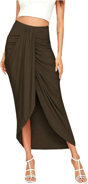Elastic Draped Asymmetrical Casual Solid Waist Maxi High Wrap Slit Skirt Women's Skirt Tree Skirt Box