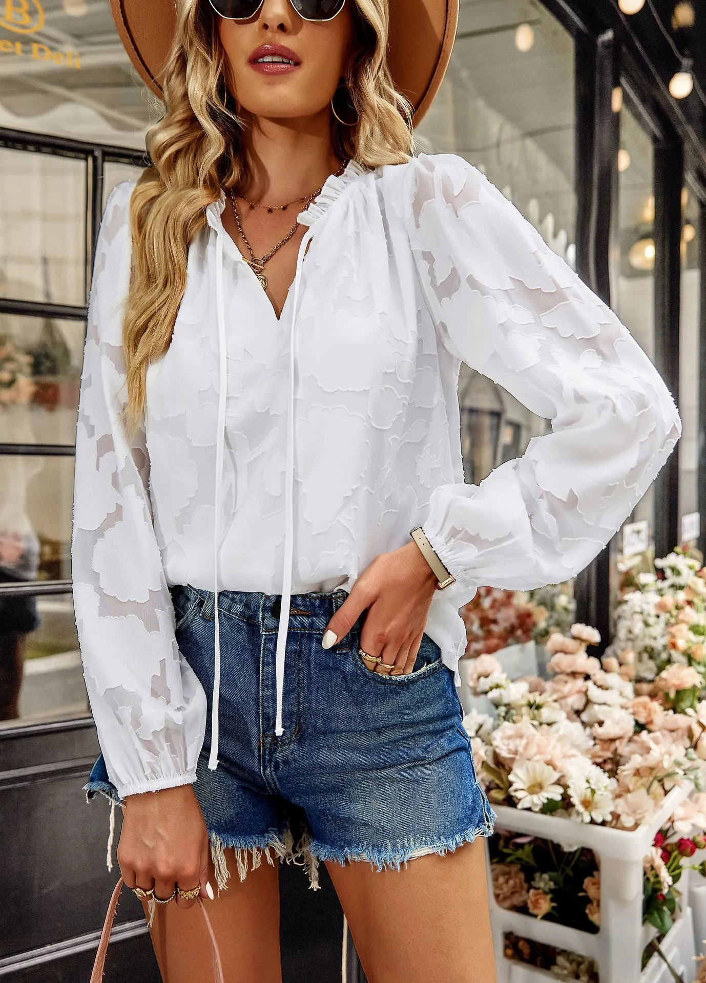Elegant Lace-Up V Neck Blouses Solid Color Wholesale Womens Long Sleeve T Shirts