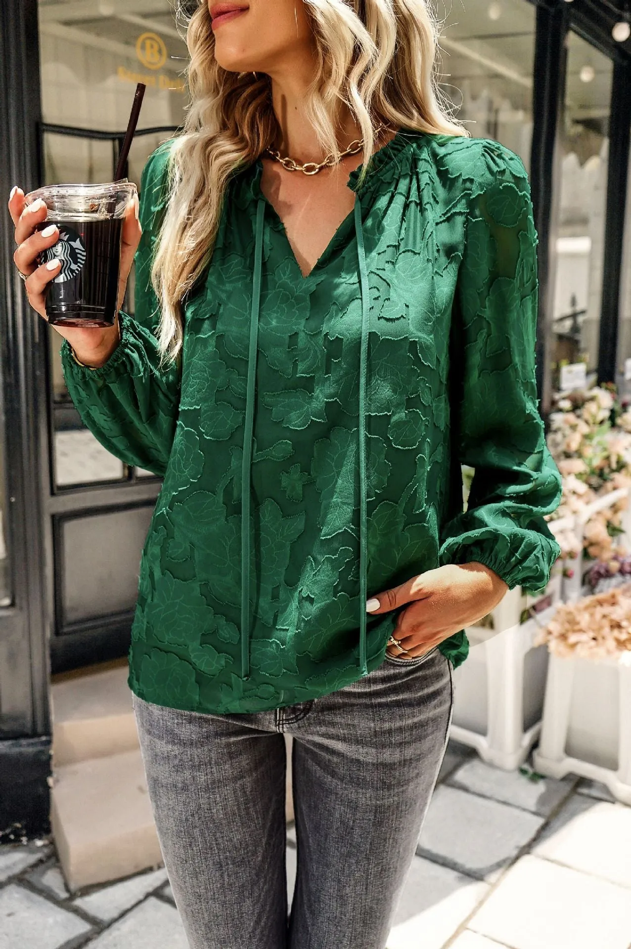Elegant Lace-Up V Neck Blouses Solid Color Wholesale Womens Long Sleeve T Shirts
