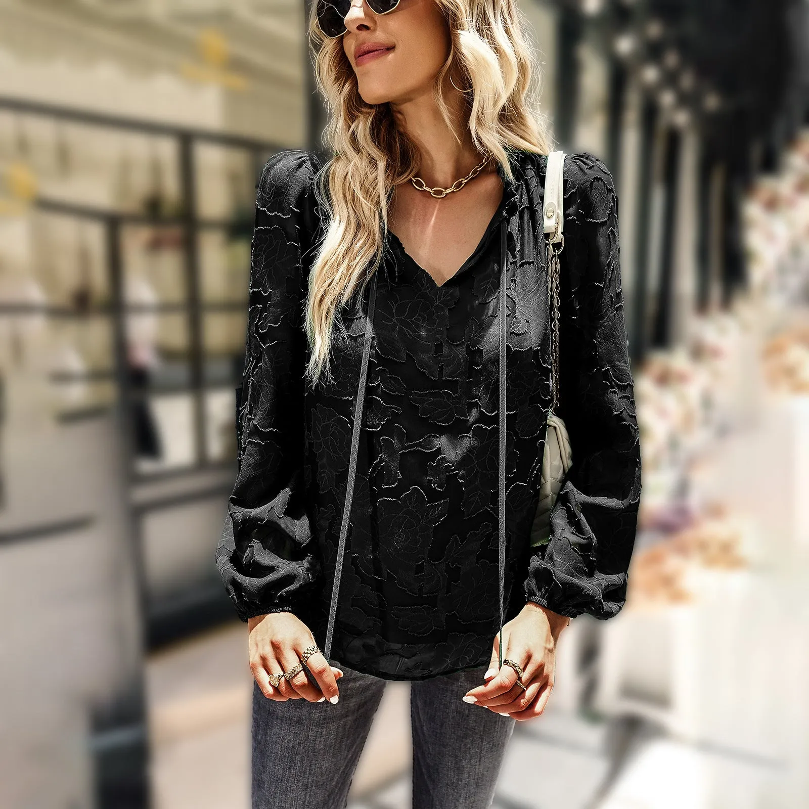 Elegant Lace-Up V Neck Blouses Solid Color Wholesale Womens Long Sleeve T Shirts