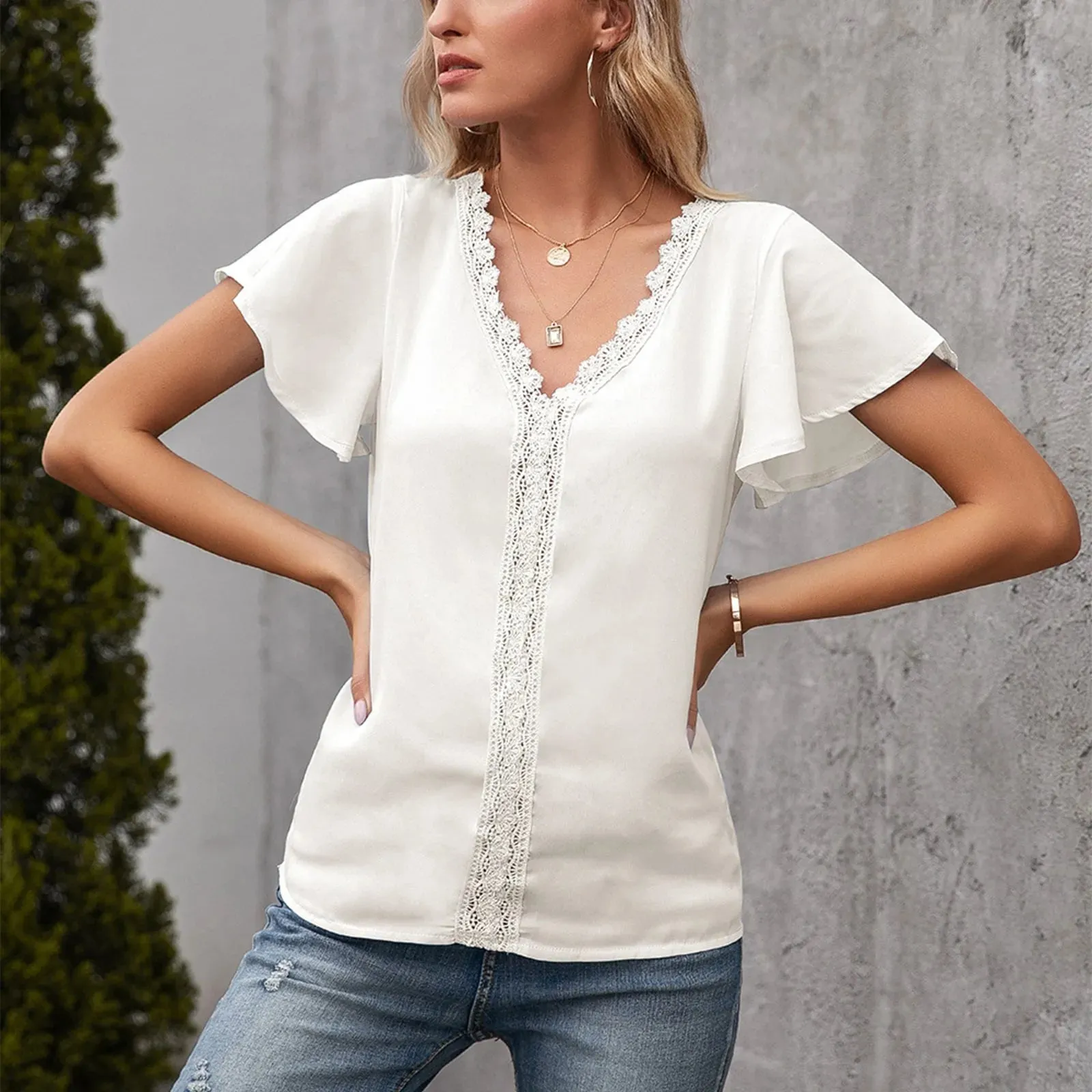 Elegant Women's Blouses Fashion Lace Stitching V Neck Top