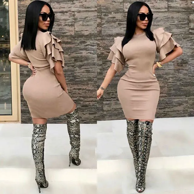 Falbala Short Sleeves Candy Color Short Bodycon Club Dress