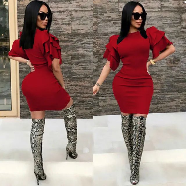 Falbala Short Sleeves Candy Color Short Bodycon Club Dress