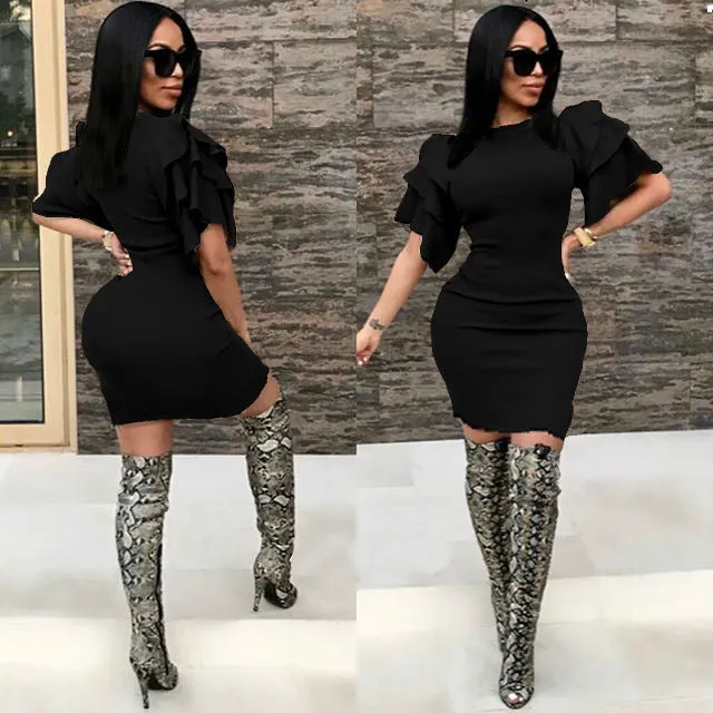 Falbala Short Sleeves Candy Color Short Bodycon Club Dress