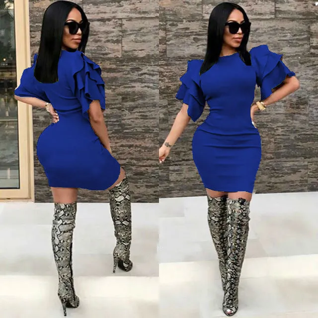 Falbala Short Sleeves Candy Color Short Bodycon Club Dress