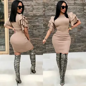 Falbala Short Sleeves Candy Color Short Bodycon Club Dress