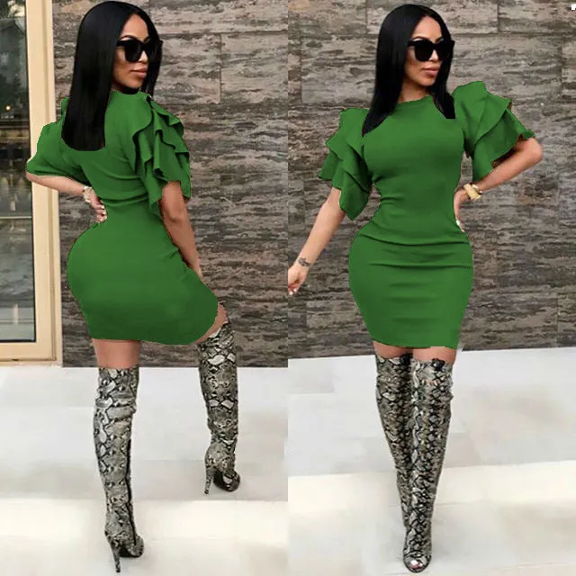 Falbala Short Sleeves Candy Color Short Bodycon Club Dress