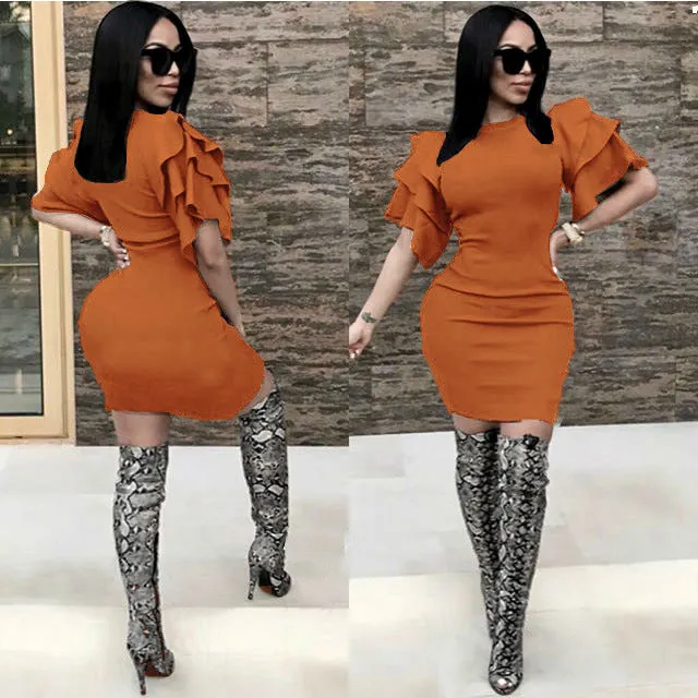 Falbala Short Sleeves Candy Color Short Bodycon Club Dress
