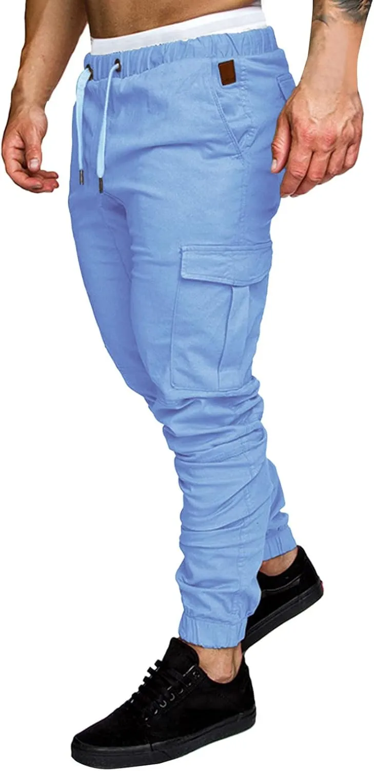 Fashion Cargo Sweatpants for Men Big and Tall Slim Fit Pencil Tapered Trousers Drawstring Stretch Comfy Jogger Sweat Pants