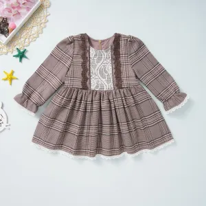 Girls Long Sleeve Plaid Lace Dress Little Girl Party Dresses Wholesale